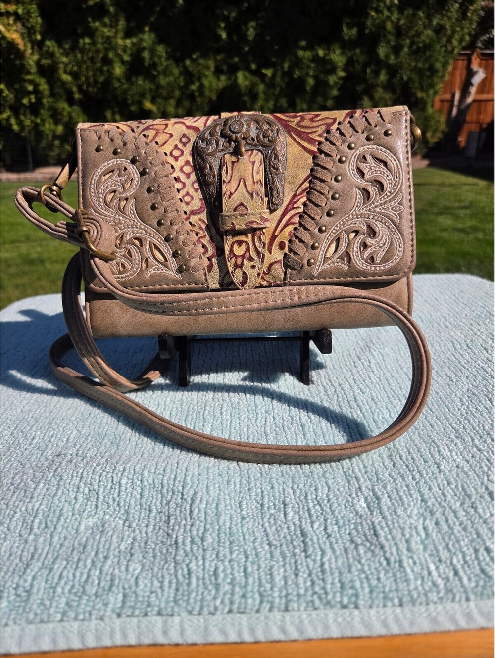 Montana West Tooled Crossbody Wallet Clutch Western Floral Buckle Brown
